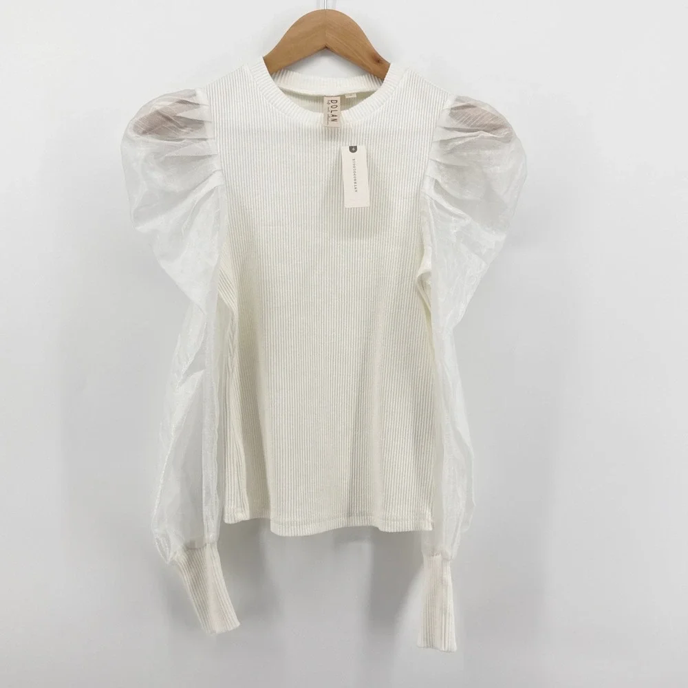 NWT Anthropologie Dolan Left Coast Ribbed Puff Sheer Sleeve Top‎ White Blouse XS